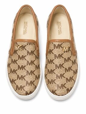 Michael Kors Beige and Brown MK Monogram Slip-On Sneakers